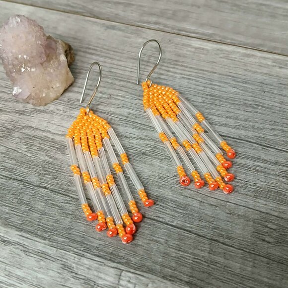 Orange Beaded Fringe Dangle Earrings, 2.75" - Picture 3 of 4